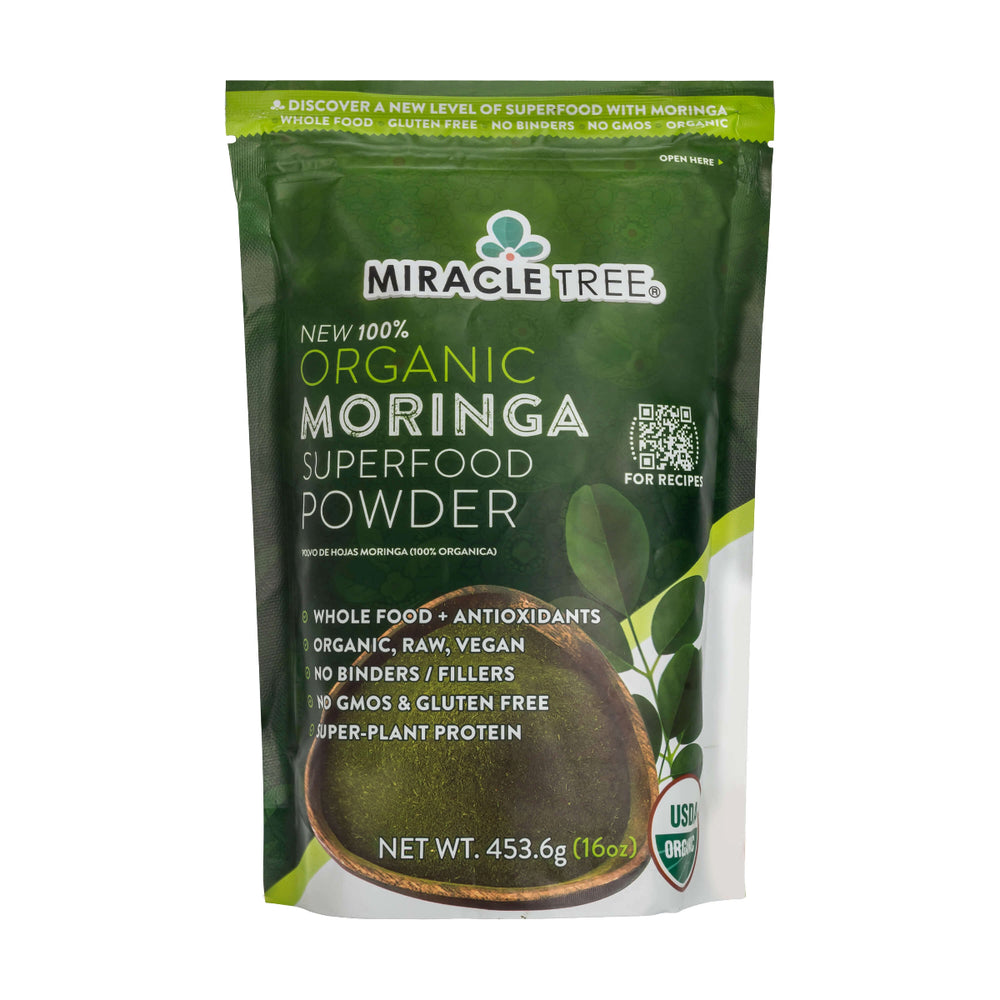 
                  
                    Miracle Trees vibrant green 100% Organic Moringa Pouch offers a non-GMO, gluten-free, vegan superfood powder. Rich in antioxidants, it promotes itself as a whole food and plant-based protein.
                  
                