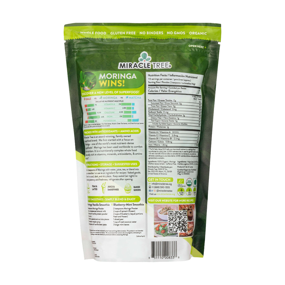 The image features the back of a Miracle Trees 100% Organic Moringa Pouch, highlighting nutritional info, storage tips, and health benefits. It emphasizes its Organic, Gluten-Free, and Non-GMO qualities, while also displaying a QR code and contact details.